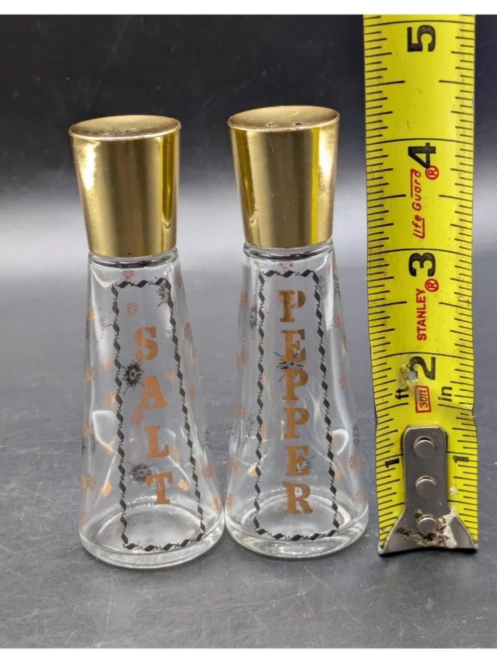 Vintage Salt and Pepper Shakers Starbrite Pattern Gold Top Atomic Star MCM 4